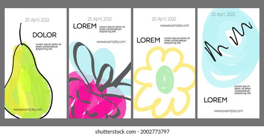Diseño de plantillas de medios sociales con frutas dibujadas a mano y garabatos.  Diseño minimalista moderno para tecnología de marketing
