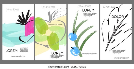 Social media template layout with hand drawn fruits and doodles.  Minimal modern design for marketing technology