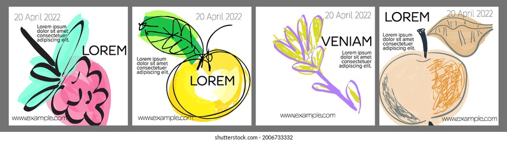 Diseño de plantillas de medios sociales con frutas dibujadas a mano y garabatos.  Diseño minimalista moderno para tecnología de marketing