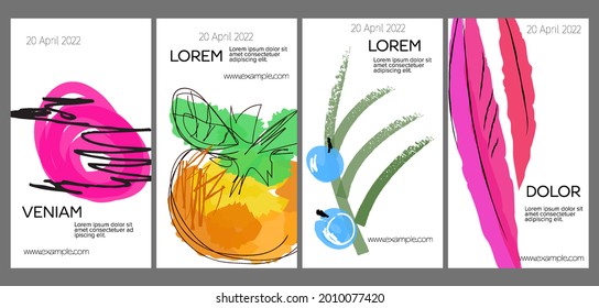Diseño de plantillas de medios sociales con frutas dibujadas a mano y garabatos.  Diseño minimalista moderno para tecnología de marketing