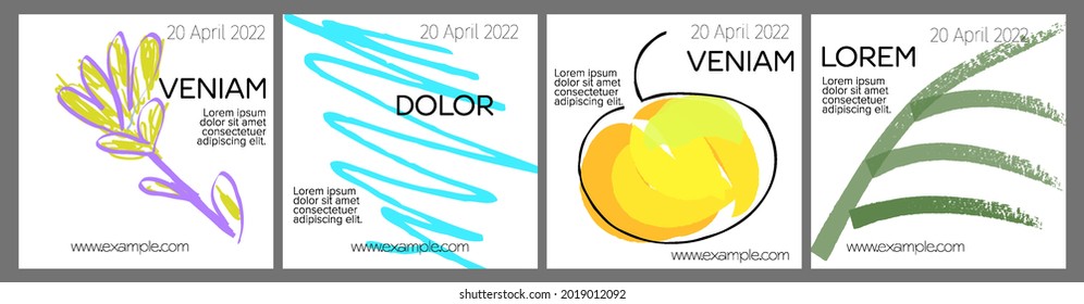 Social media template layout with hand drawn fruits and doodles.  Minimal modern design for marketing technology