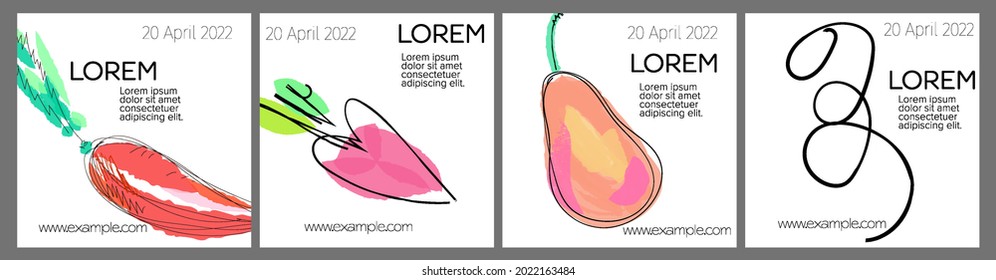 Layoutbild für Social Media mit handgezeichneten Früchten und Doodles.  Minimal modernes Design für Marketingtechnologie
