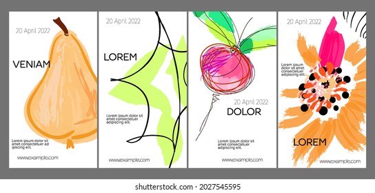 Social media template layout with hand drawn fruits and doodles.  Minimal modern design for marketing technology