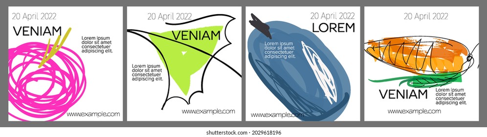 Social media template layout with hand drawn fruits and doodles.  Minimal modern design for marketing technology