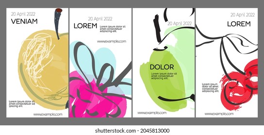 Social media template layout with hand drawn fruits and doodles.  Minimal modern design for marketing technology
