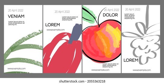 Social media template layout with hand drawn fruits and doodles.  Minimal modern design for marketing technology