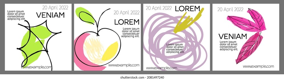 Social media template layout with hand drawn fruits and doodles.  Minimal modern design for marketing technology