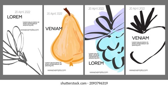 Social media template layout with hand drawn fruits and doodles.  Minimal modern design for marketing technology