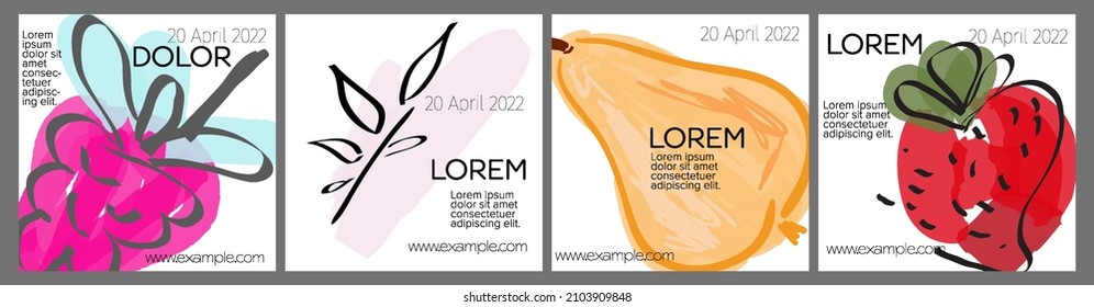 Social media template layout with hand drawn fruits and doodles.  Minimal modern design for marketing technology