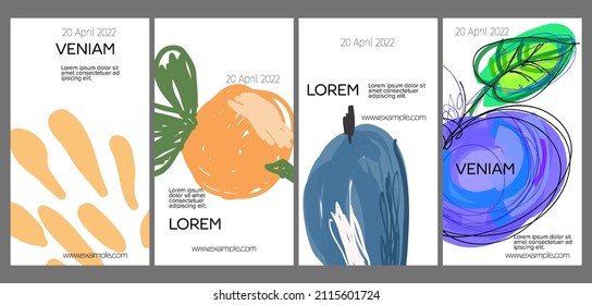 Diseño de plantillas de medios sociales con frutas dibujadas a mano y garabatos.  Diseño minimalista moderno para tecnología de marketing