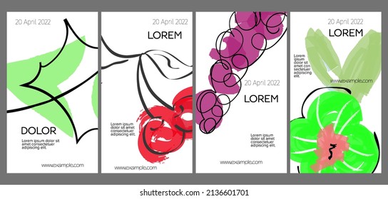 Social media template layout with hand drawn fruits and doodles.  Minimal modern design for marketing technology