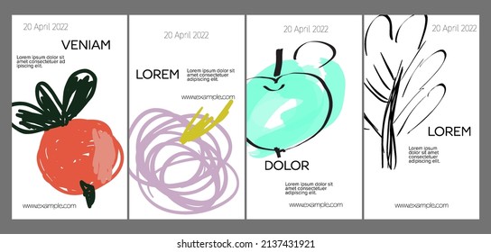 Layoutbild für Social Media mit handgezeichneten Früchten und Doodles.  Minimal modernes Design für Marketingtechnologie