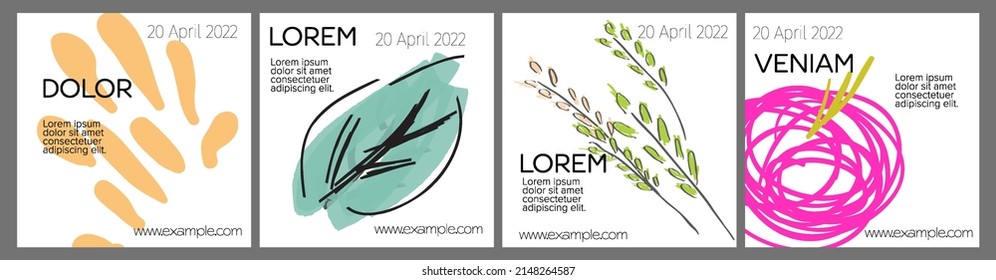 Diseño de plantillas de medios sociales con frutas dibujadas a mano y garabatos.  Diseño minimalista moderno para tecnología de marketing