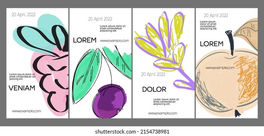 Diseño de plantillas de medios sociales con frutas dibujadas a mano y garabatos.  Diseño minimalista moderno para tecnología de marketing