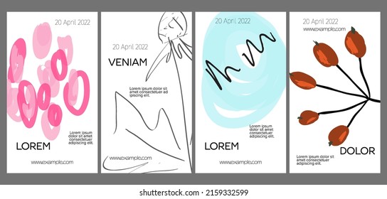 Social media template layout with hand drawn fruits and doodles.  Minimal modern design for marketing technology