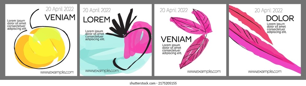 Social media template layout with hand drawn fruits and doodles.  Minimal modern design for marketing technology