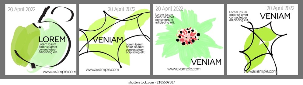 Social media template layout with hand drawn fruits and doodles.  Minimal modern design for marketing technology
