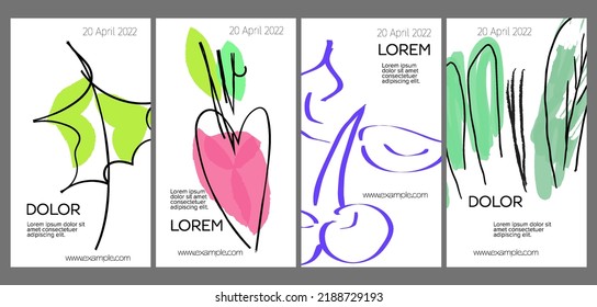 Diseño de plantillas de medios sociales con frutas dibujadas a mano y garabatos.  Diseño minimalista moderno para tecnología de marketing