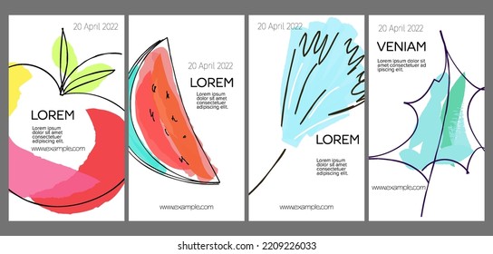 Social media template layout with hand drawn fruits and doodles.  Minimal modern design for marketing technology