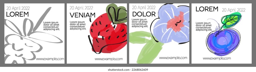 Diseño de plantillas de medios sociales con frutas dibujadas a mano y garabatos.  Diseño minimalista moderno para tecnología de marketing