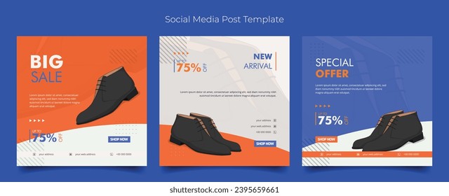 Social media template with leather shoe in simple white orange background for advertising design