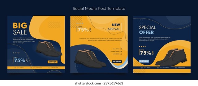 Plantilla de medios sociales con zapatos de cuero de fondo amarillo azul para el diseño de publicidad de productos