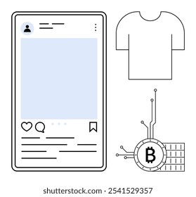 Social media template with a like heart, comment, and save icons, a t-shirt thumbnail, and a Bitcoin logo with circuit elements. Ideal for digital marketing, online shopping, cryptocurrency, fintech