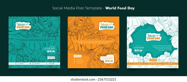 Social media template with line art hand drawn of vegetables for world food day background design