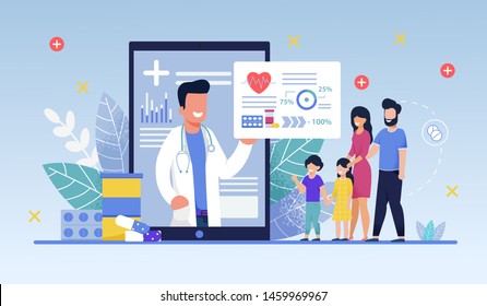 Social Media Template, Mobile App Family Doctor. Family Using Mobile Application, Control Health Indicators, Consult Online Doctor, Sign up Appointment Therapist. Healthcare services