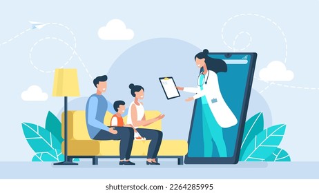 Plantilla de medios sociales. Doctor de la Familia de Aplicaciones Móviles. Servicios de salud. Familia consultando con un médico terapeuta. Médico en línea y pacientes hombres, mujeres y niños. Ilustración del vector