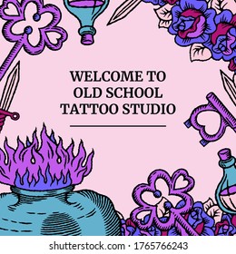 Social media template in old school tattoo style with bottle, heart, key, knife, roses in modern bright colored green, blue, pink and violet retro style