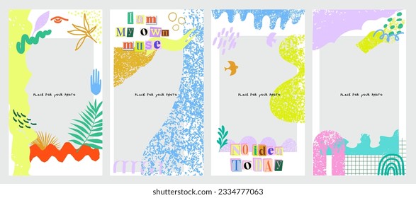 Social media template with phoyo space. Modern shapes and doodle objects. Abstract contemporary modern trendy stories template. Quote from cut out paper letters. Editable vector illustration
