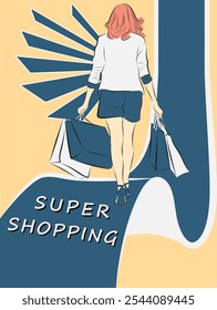 Social-Media-Vorlagenpost und Poster mit Illustration von Einkaufsfrau, die Einkaufstaschen hält