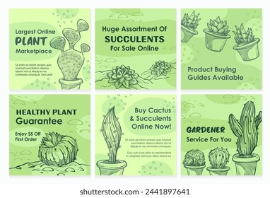 Social media template post set with cactus sale. Buy home plant online, network page collection, vector illustration. Hand drawn succulent, plant at gardening store web page