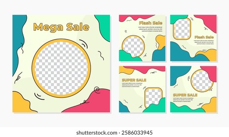 Social media template post set 90s retro trendy cartoon style for Social media post