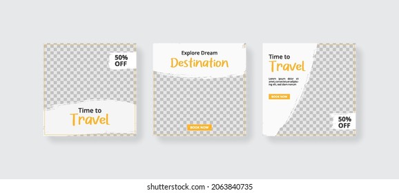 Social media template post for travel ads. Web banner with white and yellow color.