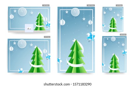 Social Media template and poster design set with paper cut Xmas tree, wall clock, gift boxes, hanging baubles and stars decorated on blue background.