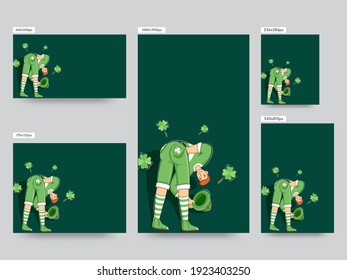 Social Media Template Posts With Cartoon Leprechaun Man, Clover Leaves And Space For Text On Green Background.