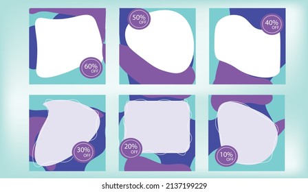 social media template  purple blue color for product sale abstract design in full color 6 set new