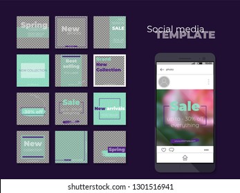 Social media template. Puzzle design for business account. Vector illustration on transparent background. Insert your photo and text, create your content. Mint theme with violet accents.