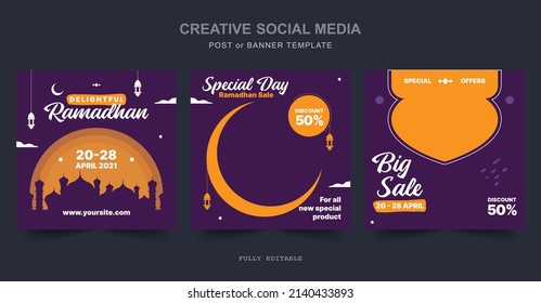 Social media template with Ramadan design. Set of social media post template design. editable square Ramadan banner template. social media post template. Ramadan ads.