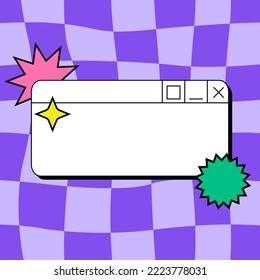 Social media template with retrowave user interface window and distorted wavy cage in y2k aesthetic. Vector illustration in retro computer aesthetic. Square groovy background in 00s, 90s style