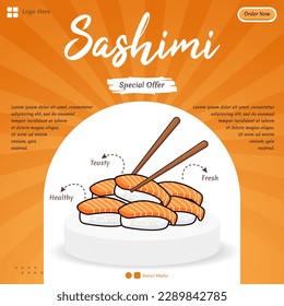 Social media template sashimi Japanese food vector cartoon