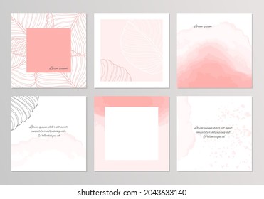 Social media  template. Set background layout in pink colors with watercolor texture and floral elements.Vector  for сontent creators of beauty, fashion, cosmetics, jewelry, makeup, 
post and cover