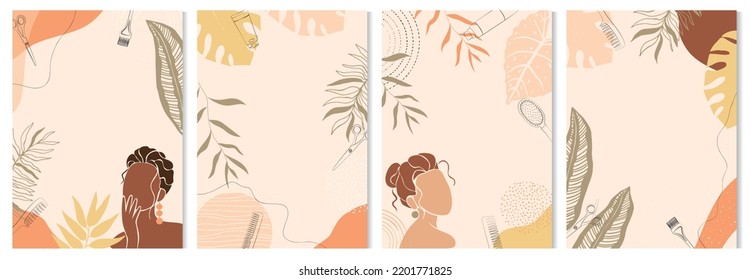 Plantilla de medios sociales con herramientas de peluquería. Fondo mínimo de diseño de cubierta para salón de belleza con retrato abstracto mujer vectorial de hoja de flores.