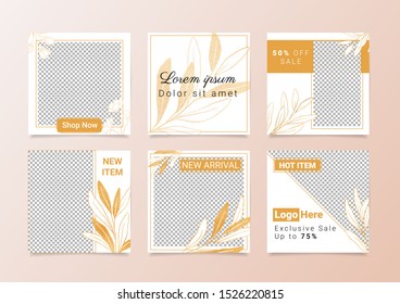 Social media template set for web banner and mobile apps ad. Elegant sale and discount promo square background with golden floral illustration. Luxury layout design vector
