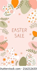 Social media template with silhouette holiday Easter eggs and flowers in gentle pastel colors. Illustration colorful easter eggs in flat style with space for your text. Vector