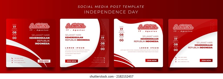 Plantilla de medios sociales con fondo cuadrado con diseño rojo y blanco y significado de texto indonesio es Feliz Día de la Independencia de Indonesia