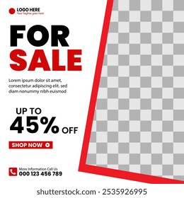 Social Media Template Square Frame Post Design, Red and White Color Theme. Suitable for Posts, Sales Banners, Promotional Products, Business, Beauty Fashion Companies