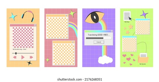 Social media template for stories, pin or vertical banner with psychedelic elements. Retro window mockup for photos or music sharing.